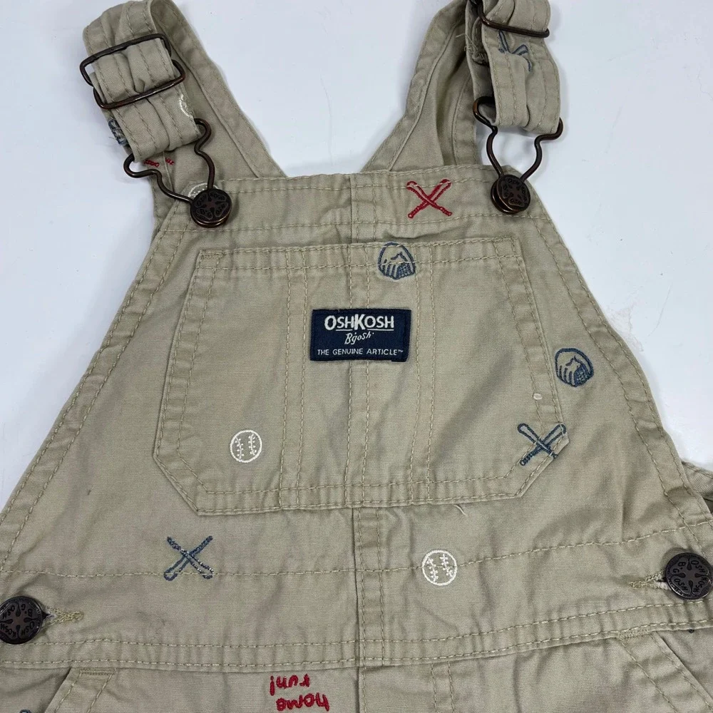 OshKosh B'gosh Baseball Embroidered Shortalls Kids 18-24M Tan Vestbak Overalls